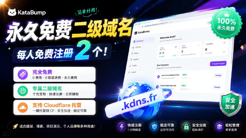 不薅白不薅 - 白嫖2个永久免费二级域名标签：#域名 #cf #免费域名介绍：• 发现一个免费域名网站，每个人可以白嫖 2 个永久免费二级域名，不用续费、不用花钱