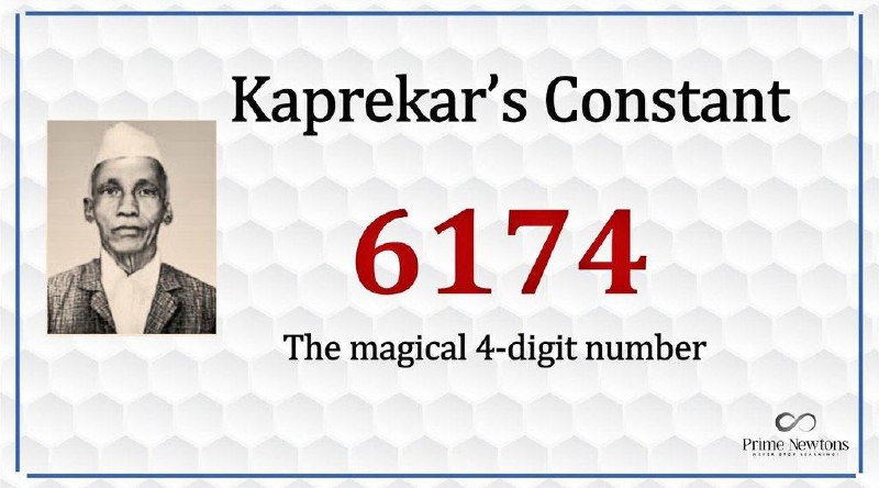 趣味数学：独特的数字“6174”6174 是一个独特的四位数，由印度数学家 D.R. Kaprekar 于 1949 年发现——对于任意一个四位数（至少有两个不同的数字），将其数字按降序排列，再按升序排列，然后用较大的数字减去较小的数字，在不超过 7 次的迭代重复计算后结果总是 “6174”