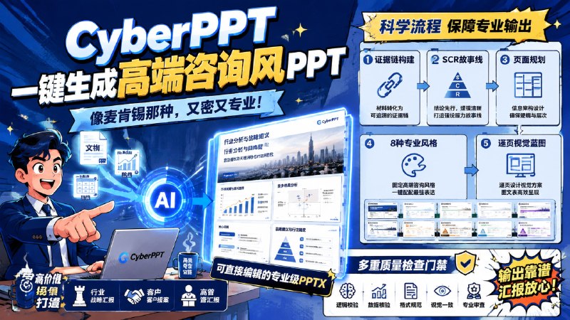 Codex PPT制作Skill - CyberPPT标签：#codex #ai #ppt介绍：• 文档资料秒变PPT，高密度信息一键生成，支持多种格式导入• 自动提取事实数据，逐页蓝图锁定排版构图，8种视觉风格任选• 六重QA门禁严把关，交付PPTX加渲染图全套，效率直接拉满项目地址：直达链接TG小树屋 @xiaoshuwu