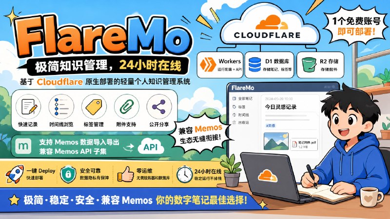 白嫖CF大善人 - FlareMo标签：#cf #笔记介绍：• 轻量笔记云托管CF，免费部署不折腾，灵感记录不等待• 支持标签管理附件存储，时间线归档回收站保护，搜索筛选• 全靠免费额度，D1 存数据 R2 存文件双保险，全球加速秒打开项目地址：直达链接打开通知点个赞 树屋更新必带派