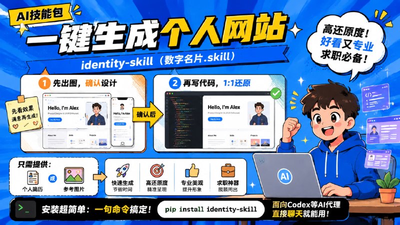 一键打造专属个人网站 - Identity Skill标签：#个人网站 #skill #ai介绍：给它参考图，拿回一个 1:1 还原的个人网站• 它最大的亮点是“先出图、再写代码”的工作流：先用图像模型生成每个版块的参考设计图给你确认，满意后再 1:1 精准还原成网页，避免 AI 直接写代码审美翻车的问题
