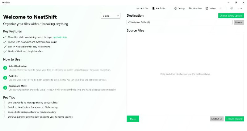 #软件 #工具 #开源📁 NeatShift - Windows 文件迁移整理工具▎软件平台：#Windows▎软件介绍：一款现代化文件迁移与整理工具，用于将大型文件夹（如游戏、软件等）从系统盘无损迁移至其他磁盘，通过自动创建符号链接确保原路径不变，程序依然可正常运行